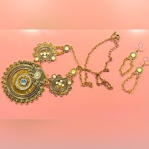 Ornate boho costume jewelry, gold necklace and earrings set